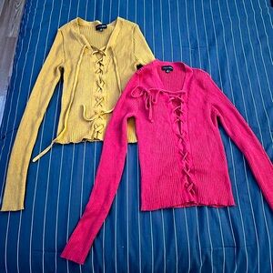 Stylish Yellow and Red Lace-Up Sweaters